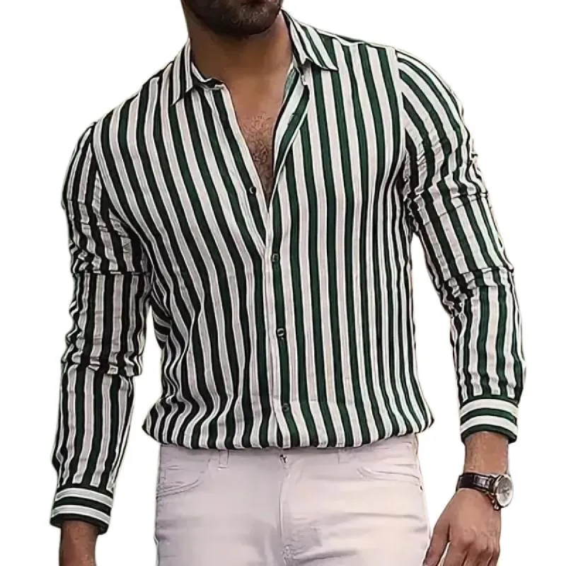 Men's Casual Retro Street Striped Long Sleeve Shirt 61133708TO sold by Manly
