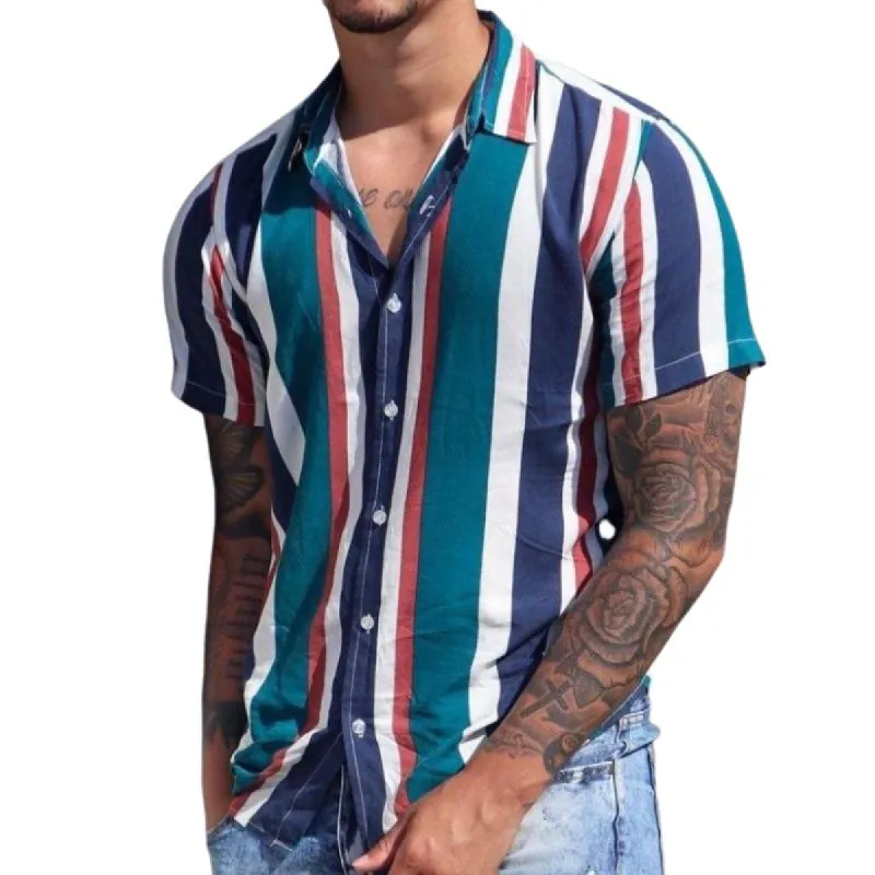 Men's Casual Striped Lapel Short Sleeve Shirt 90096936TO made by Manly