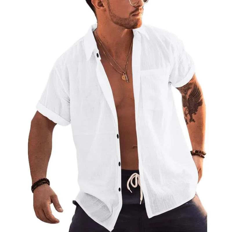 Men's Casual Solid Color Cotton Loose Lapel Short-Sleeved Shirt 93476601M sold by Manly