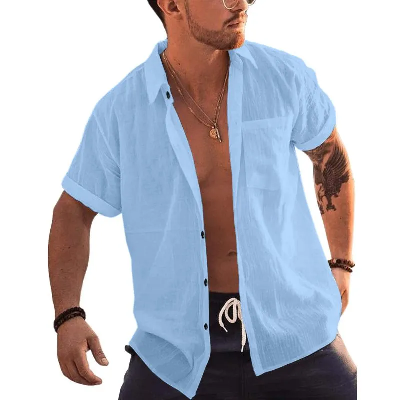 Men's Casual Solid Color Cotton Loose Lapel Short-Sleeved Shirt 93476601M sold by Manly product image thumbnail 3