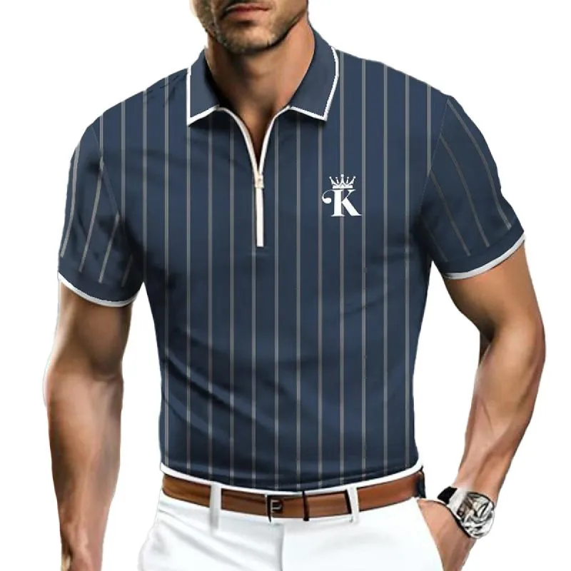 Men's Casual Striped Letter Print Zipper Short-Sleeved Polo Shirt 55096504Y sold by Manly