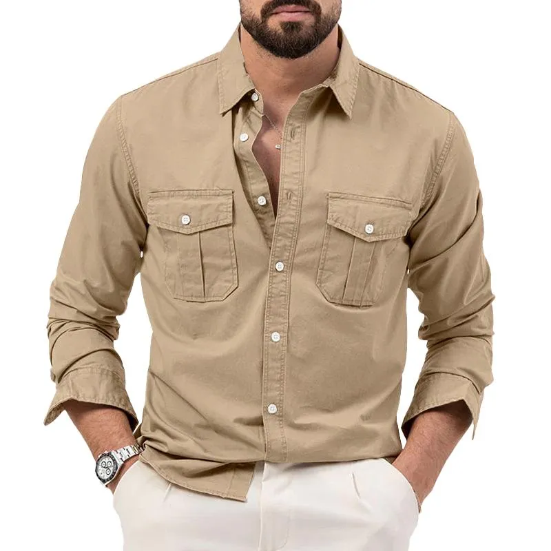 Men's Solid Lapel Breast Pocket Long Sleeve Cargo Shirt 74446815Z sold by Manly