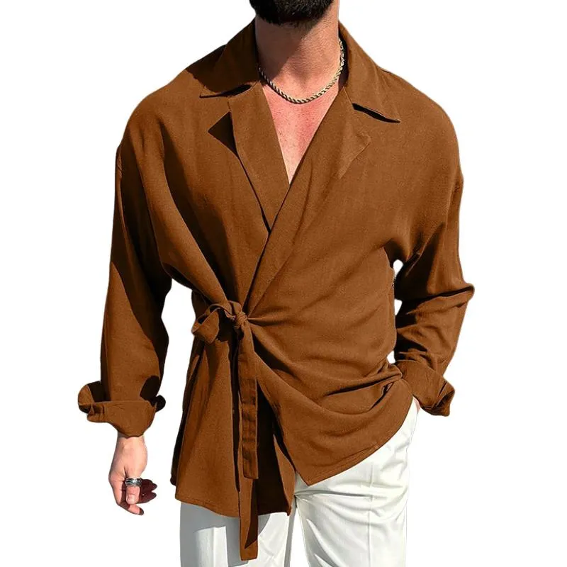 Men's Retro Casual Solid Color Tie Lapel Shirt 67564730TO sold by Manly