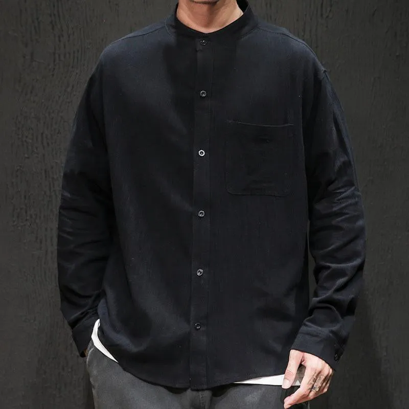 Men's Casual Solid Color Cotton Linen Stand Collar Loose Long Sleeve Shirt 31690452M sold by Manly product image thumbnail 2