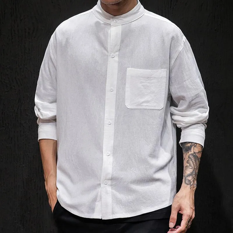 Men's Casual Solid Color Cotton Linen Stand Collar Loose Long Sleeve Shirt 31690452M sold by Manly product image thumbnail 4