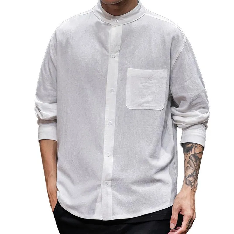 Men's Casual Solid Color Cotton Linen Stand Collar Loose Long Sleeve Shirt 31690452M sold by Manly