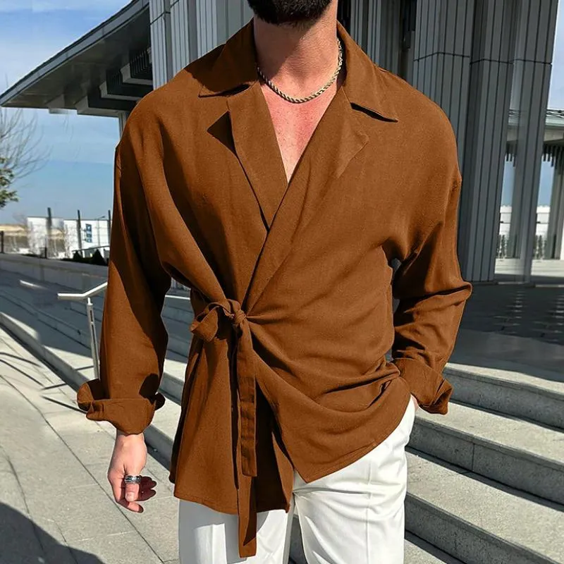 Men's Retro Casual Solid Color Tie Lapel Shirt 67564730TO sold by Manly product image thumbnail 2