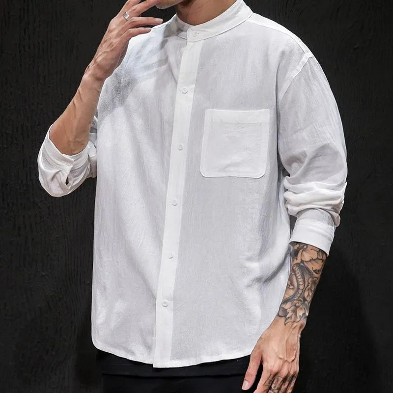 Men's Casual Solid Color Cotton Linen Stand Collar Loose Long Sleeve Shirt 31690452M sold by Manly product image thumbnail 5