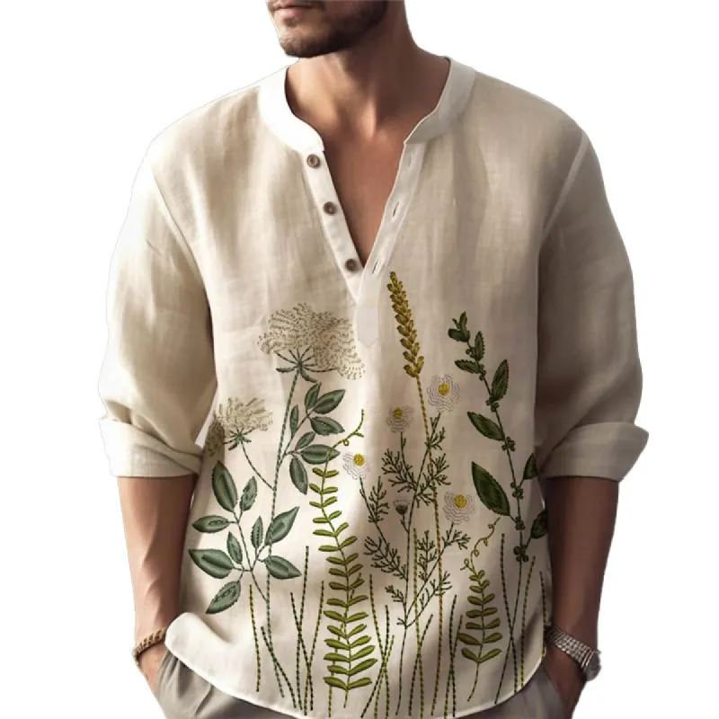 Men's Loose Printed Linen Cotton Stand Collar Shirt 55123877X sold by Manly