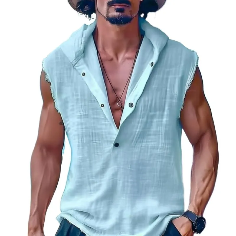 Men's Solid Cotton And Linen Hooded Sleeveless Tank Top 16437976Z sold by Manly