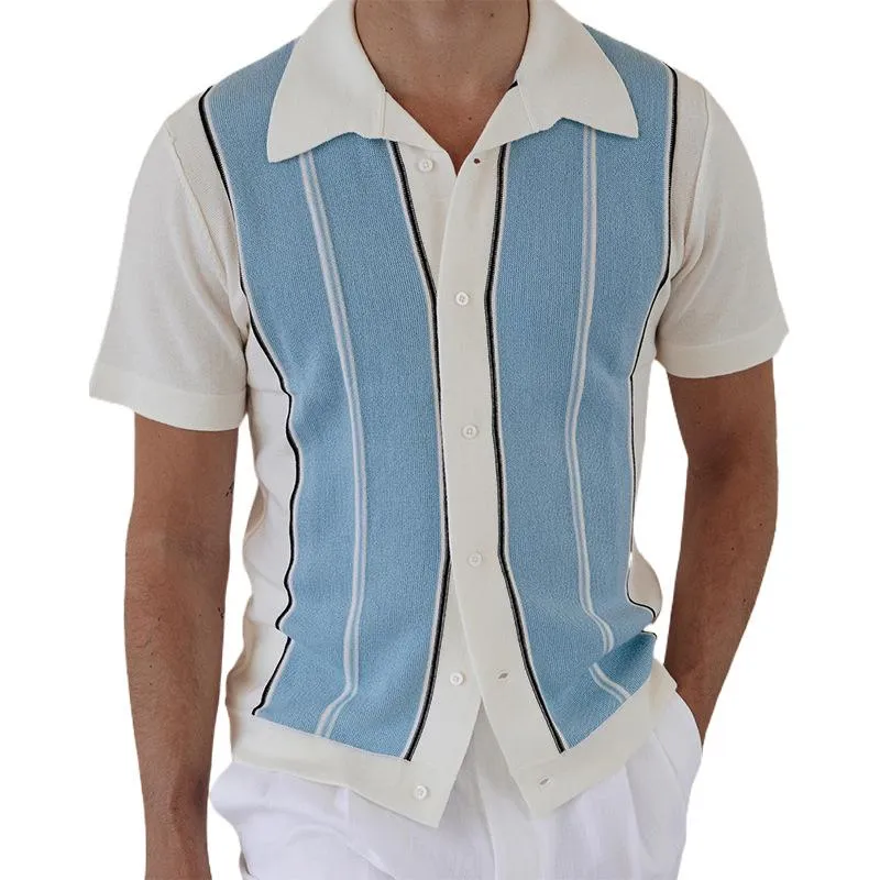 Men's Casual Colorblock Lapel Knitted Slim Fit Short-sleeved Cardigan 01492696M sold by Manly