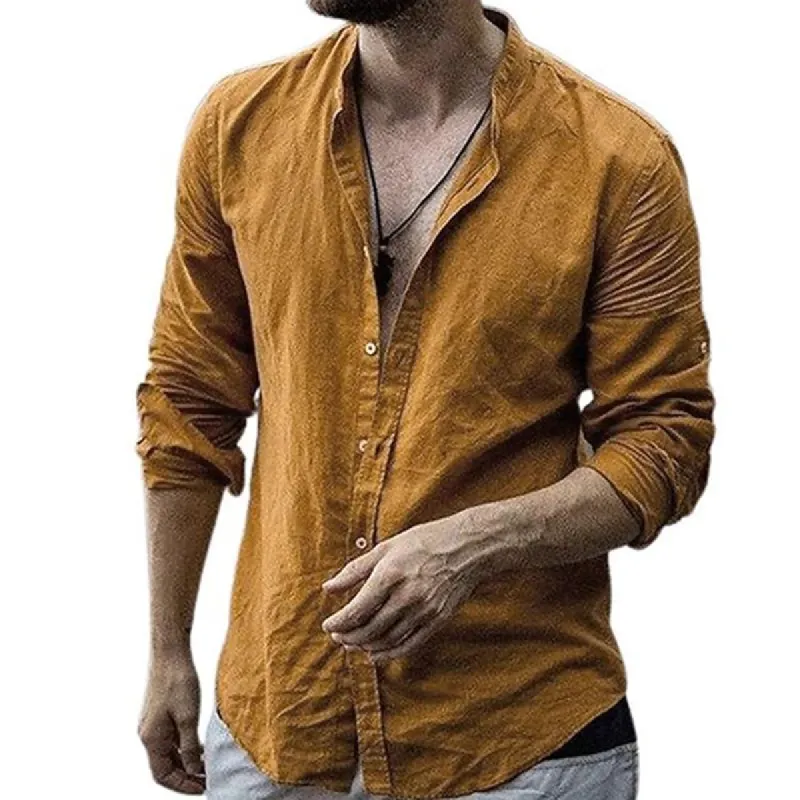 Men's Casual Cotton Linen Stand Collar Solid Color Long Sleeve Shirt 15067218M sold by Manly