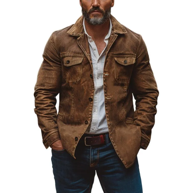 Men's Vintage Heavy Washed Leather Lapel Single Breasted Multi-Pocket Work Jacket 23094806M sold by Manly