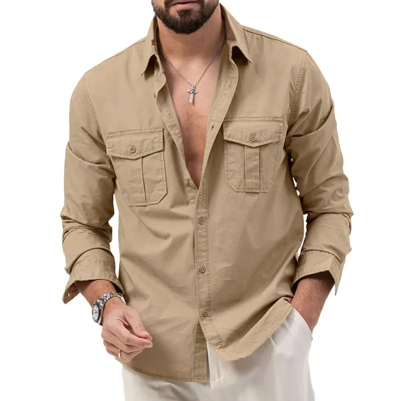 Men's Solid Lapel Breast Pocket Long Sleeve Cargo Shirt 02290668Z sold by Manly