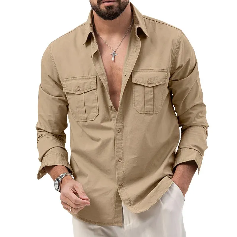 Men's Solid Lapel Breast Pocket Long Sleeve Cargo Shirt 02290668Z sold by Manly