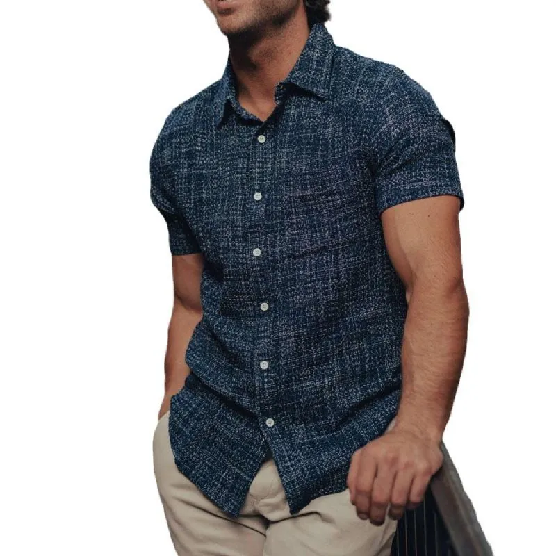 Men's Fashion Jacquard Knitted Slim Lapel Short Sleeve Shirt 68117543M sold by Manly