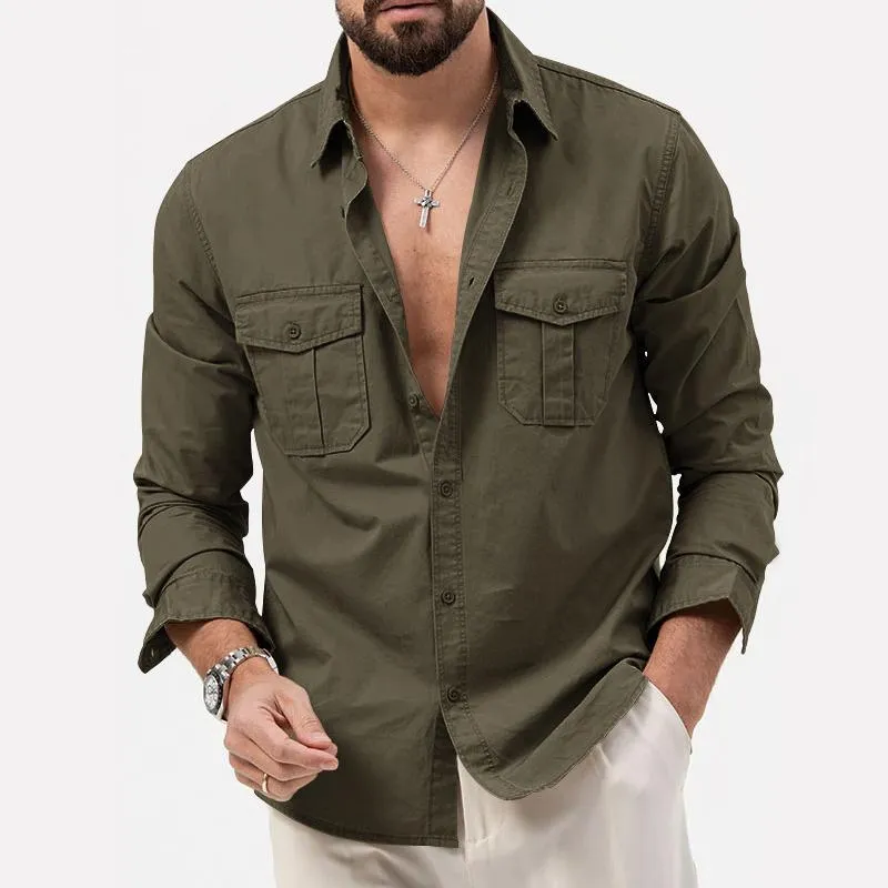 Men's Solid Lapel Breast Pocket Long Sleeve Cargo Shirt 02290668Z sold by Manly product image thumbnail 5