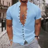 Men's Retro Solid Color Multi-Button Stand Collar Short Sleeve Shirt 60295481Y sold by Manly