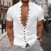 Men's Retro Solid Color Multi-Button Stand Collar Short Sleeve Shirt 60295481Y sold by Manly
