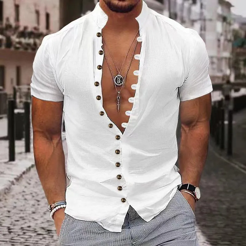 Men's Retro Solid Color Multi-Button Stand Collar Short Sleeve Shirt 60295481Y sold by Manly product image thumbnail 2