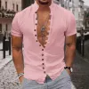 Men's Retro Solid Color Multi-Button Stand Collar Short Sleeve Shirt 60295481Y sold by Manly