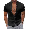 Men's Retro Solid Color Multi-Button Stand Collar Short Sleeve Shirt 60295481Y sold by Manly