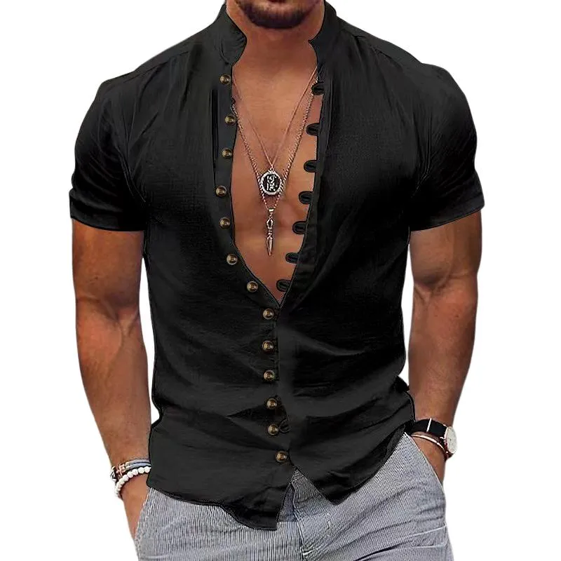 Men's Retro Solid Color Multi-Button Stand Collar Short Sleeve Shirt 60295481Y sold by Manly