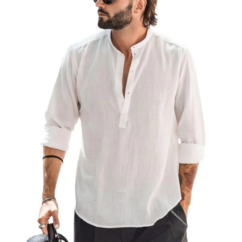 Men's Solid Stand Collar Long Sleeve Casual Shirt 32633379Z sold by Manly