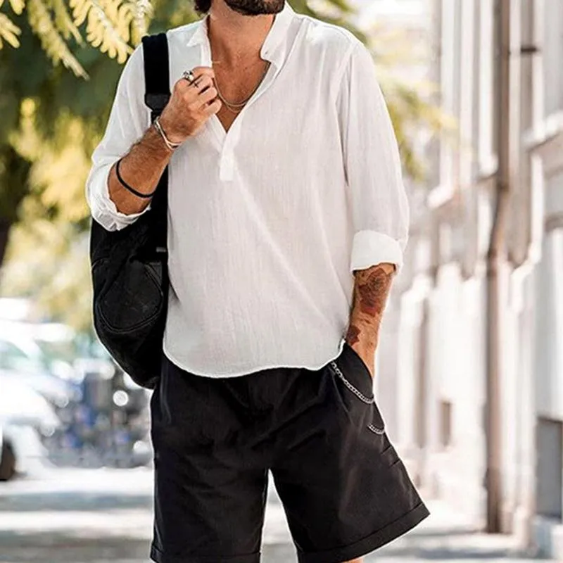 Men's Solid Stand Collar Long Sleeve Casual Shirt 32633379Z sold by Manly product image thumbnail 4