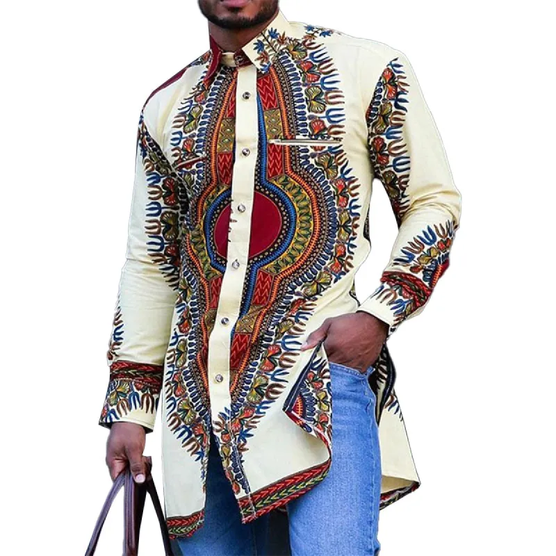 Men's Vintage Lapel Ethnic Print Mid-Length Long Sleeve Shirt 22379967M sold by Manly