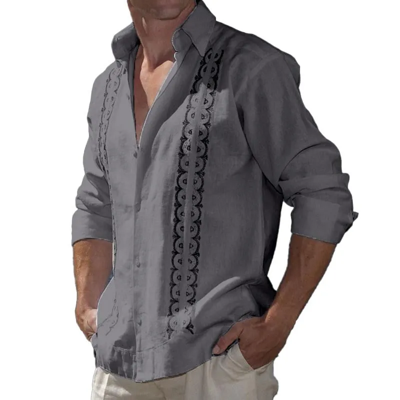 Men's Lapel Button Cotton Linen Printed Long Sleeve Shirt 93089291X sold by Manly product image thumbnail 5