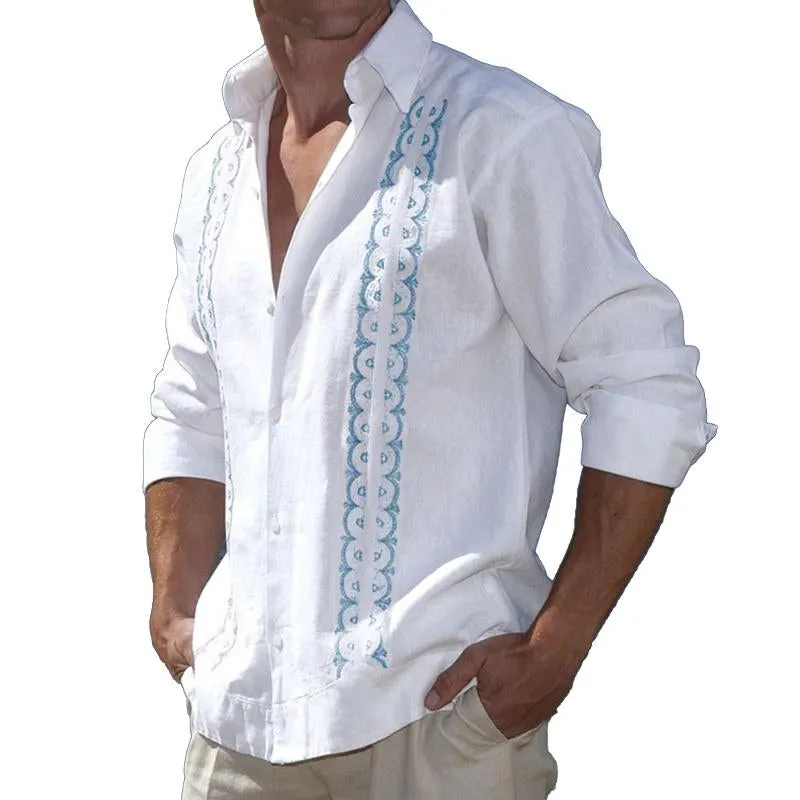 Men's Lapel Button Cotton Linen Printed Long Sleeve Shirt 93089291X sold by Manly