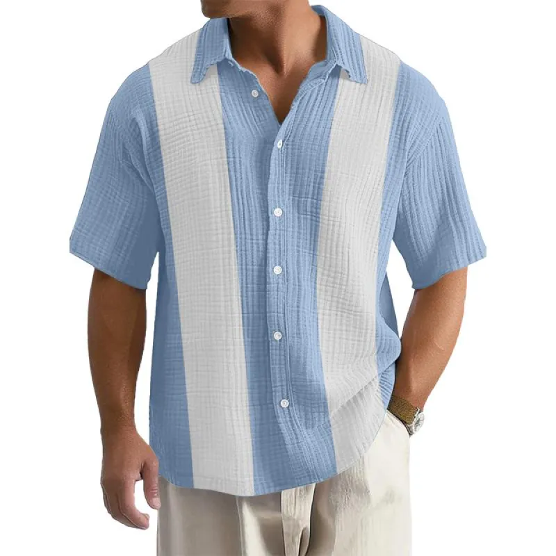 Men's Casual Cotton Linen Pleated Colorblock Loose Lapel Short-sleeved Shirt 29038891M sold by Manly