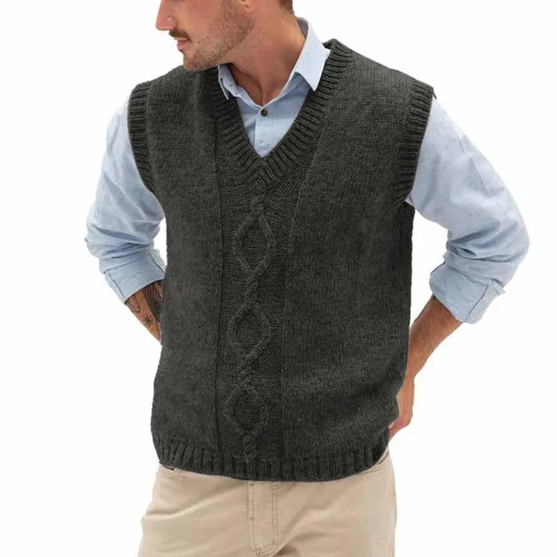 Men's Casual Solid Color V-Neck Knitted Cable Vest 21511728M sold by Manly