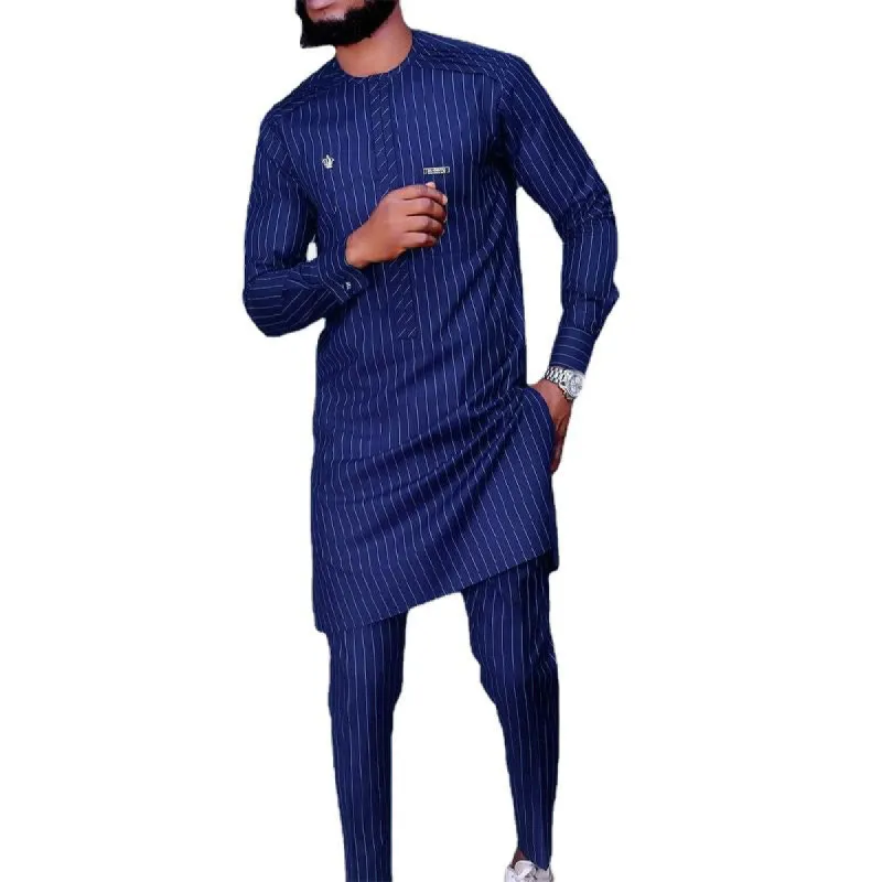 Men's Stripe Stitching Ethnic Style Round Neck Long Sleeve Top Suit Pants Set 32279029Y sold by Manly