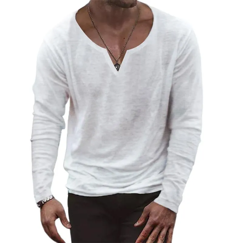 Men's Solid Color Cotton Blend V-neck Long-sleeved T-shirt 66392269X sold by Manly
