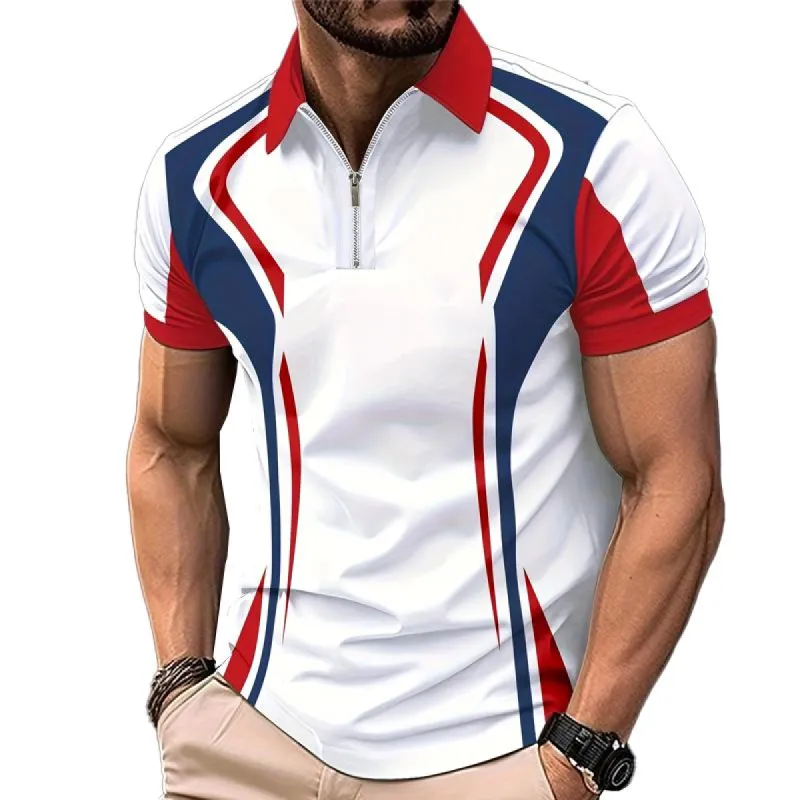 Men's Colorblock Printed Zipper Casual Short Sleeve POLO Shirt 25983024X sold by Manly