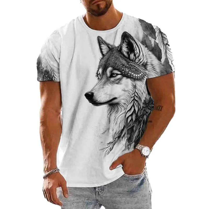 Men's Round Neck Wolf Head Print Short Sleeve T-Shirt 87507842X made by Manly