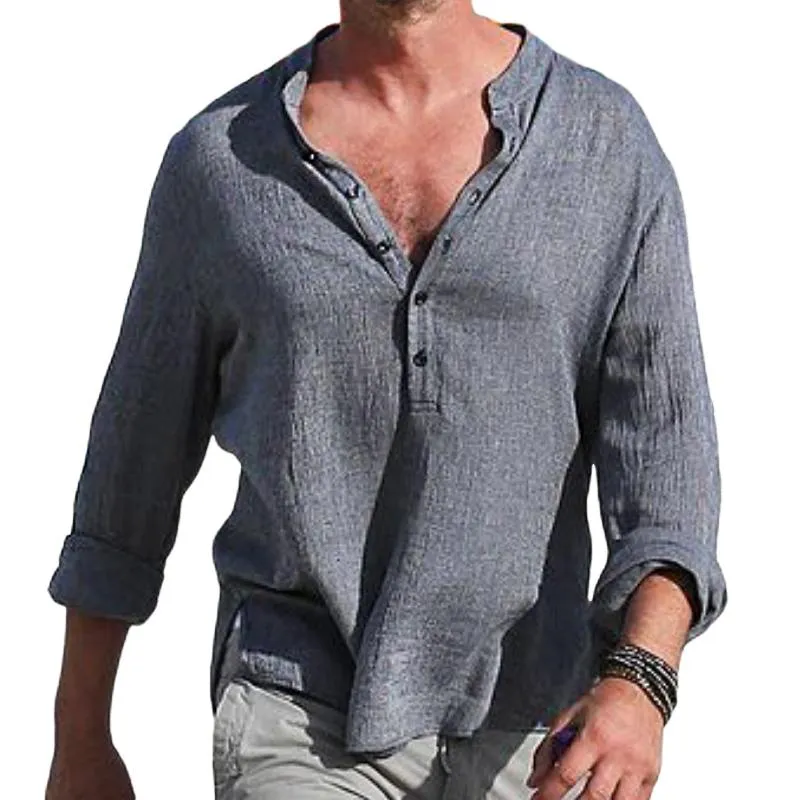 Men's Retro Casual Solid Color Cotton and Linen Long Sleeve Shirt 67829422TO sold by Manly