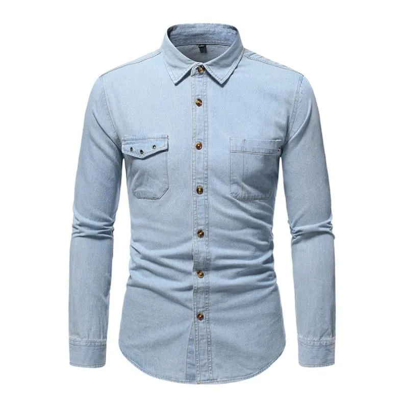 Men's Casual Washed Cotton Pocket Long Sleeve Denim Shirt 69658860M sold by Manly