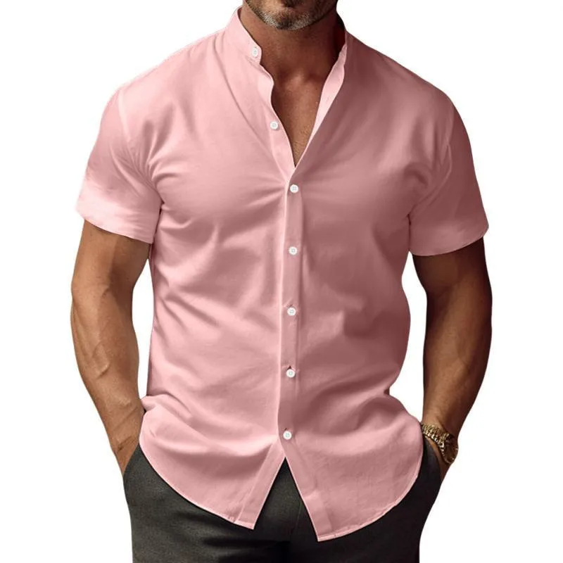 Men's Solid Color Stand Collar Short Sleeve Shirt 95433487Y sold by Manly