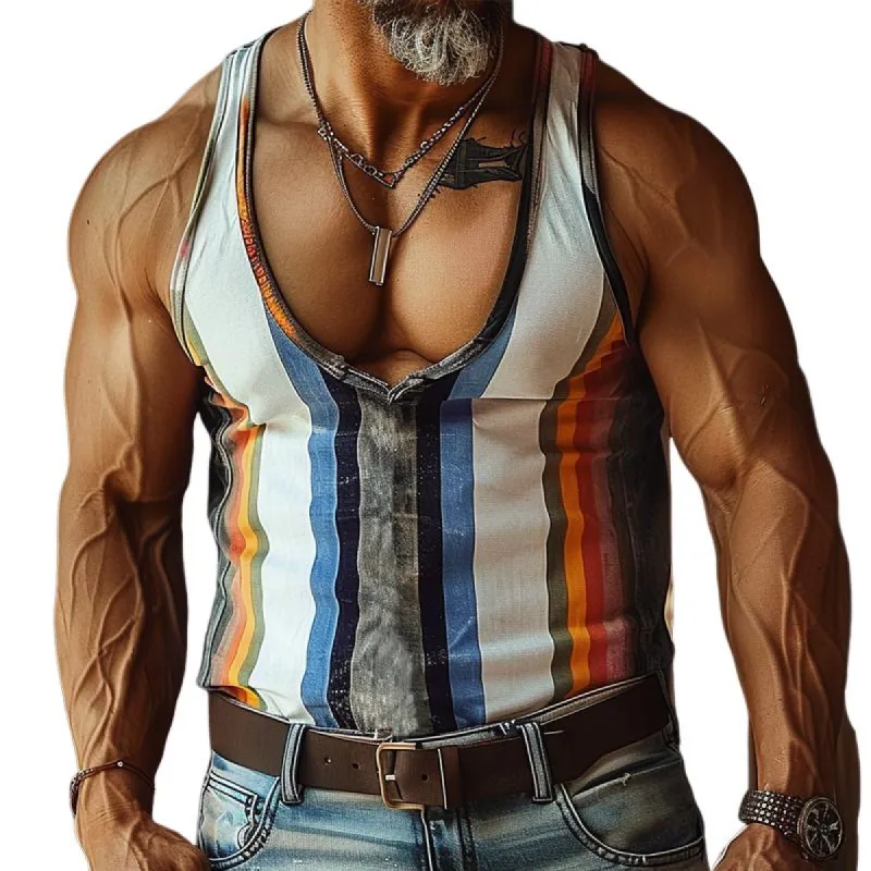 Men's Colorblock Stripe Print V-Neck Slim Fit Sleeveless Tank Top 70391885Y sold by Manly