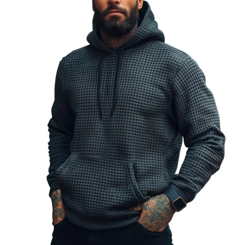 Men's Retro Casual Small Checkered Print Drawstring Hooded Sweatshirt 91410254TO sold by Manly