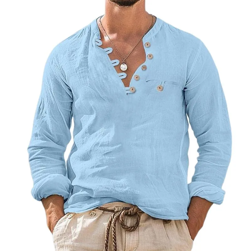 Men's Cotton And Linen Button V-Neck Chest Pocket Long-Sleeved Shirt 10323302Y sold by Manly