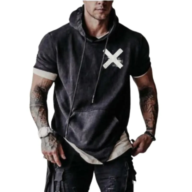 Men's Casual Cross Hooded Short-sleeved T-shirt 88164004TO sold by Manly