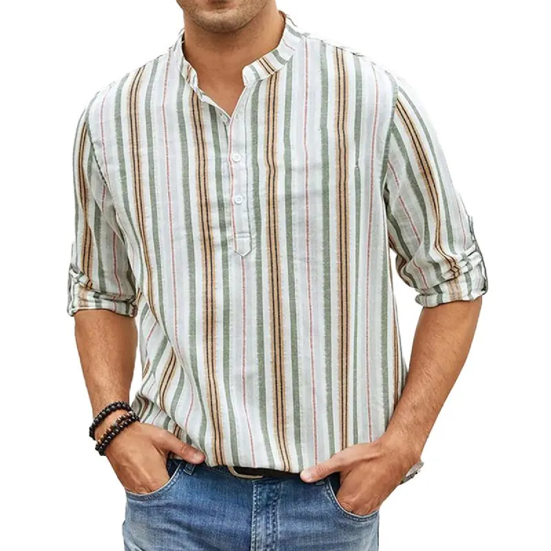 Men's Casual Striped Print Stand Collar Long Sleeve Shirt 37275010Y made by Manly