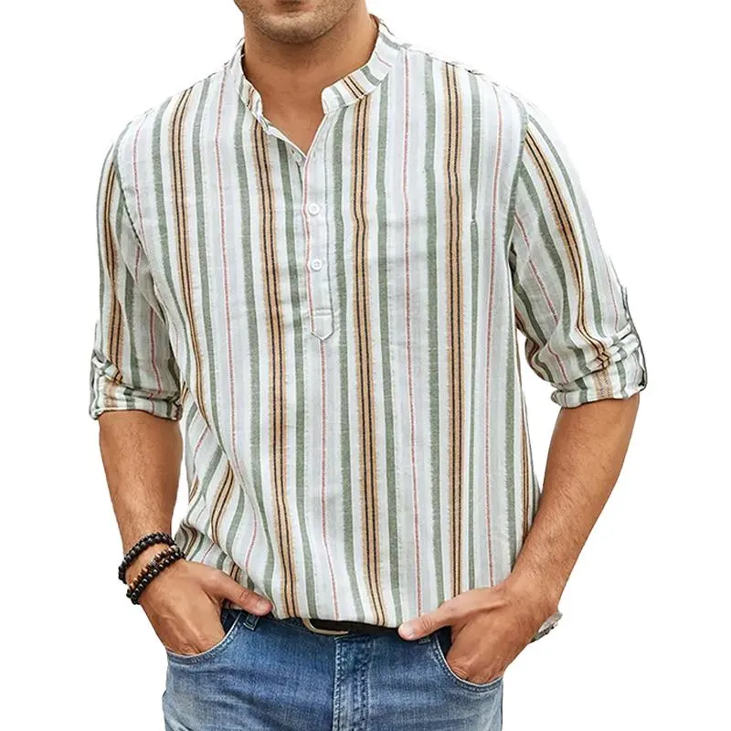 Men's Casual Striped Print Stand Collar Long Sleeve Shirt 37275010Y sold by Manly