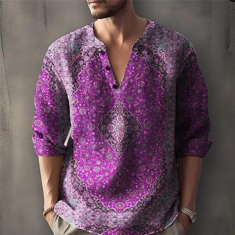 Men's Casual Vintage Print V-Neck Long Sleeve Shirt 77161163Y sold by Manly product image thumbnail 5