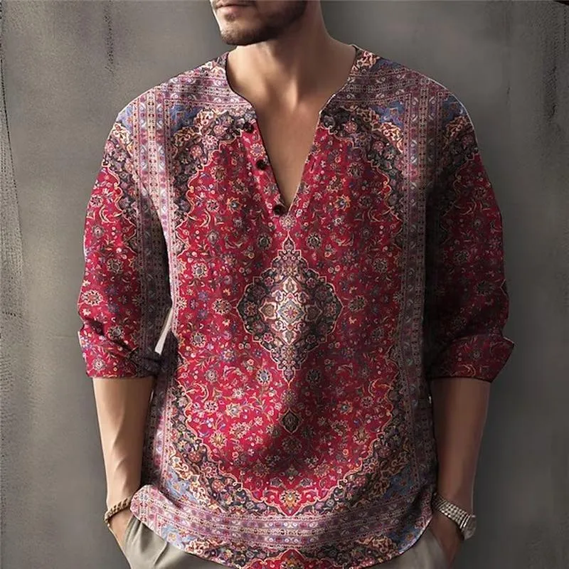 Men's Casual Vintage Print V-Neck Long Sleeve Shirt 77161163Y sold by Manly product image thumbnail 3