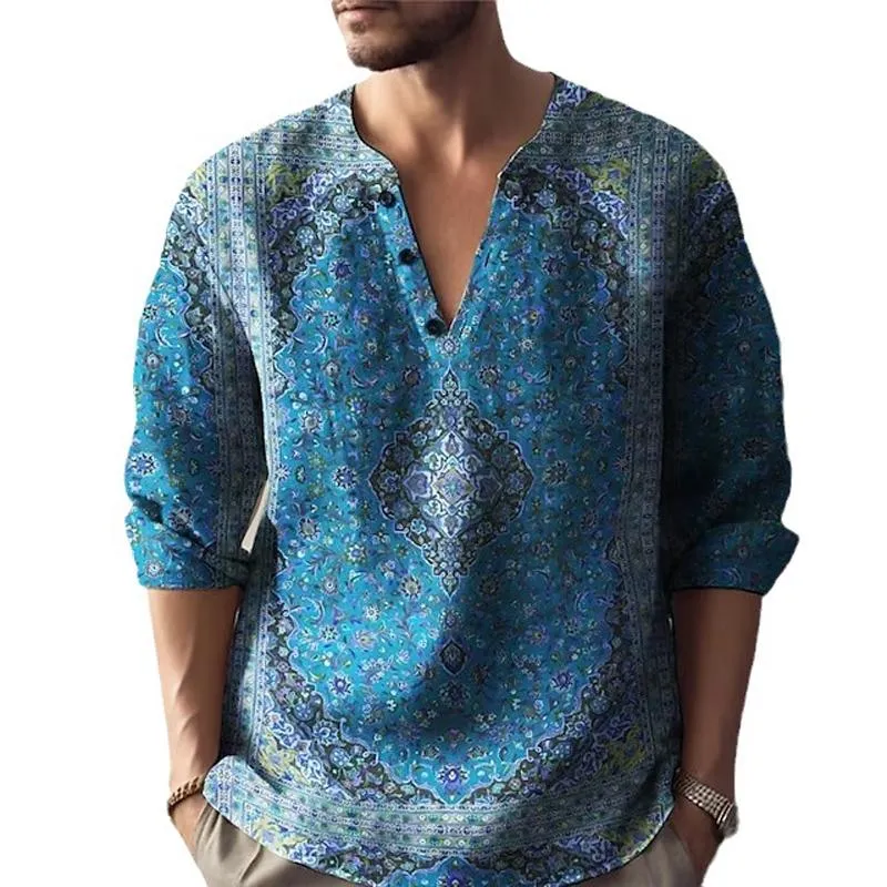 Men's Casual Vintage Print V-Neck Long Sleeve Shirt 77161163Y sold by Manly